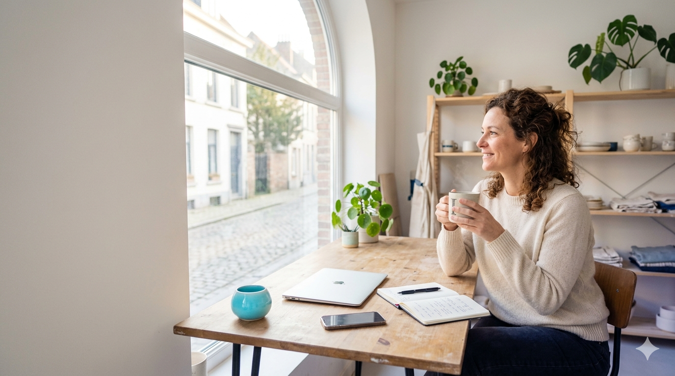 Indépendante souriante, une tasse à la main, à son bureau près d'une fenêtre donnant sur une rue belge